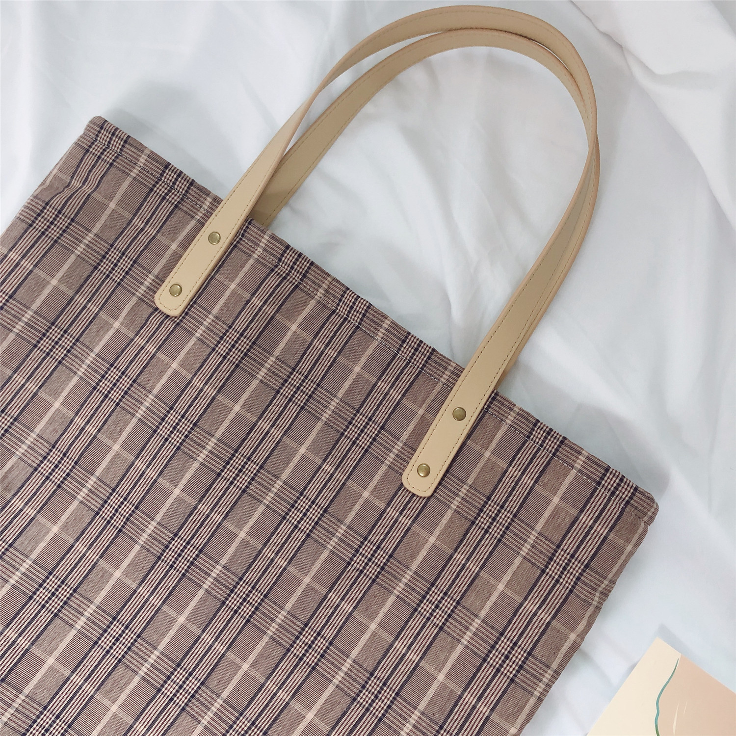 【归蝶布包】文艺格子布包单肩女棉麻素托特包大容量厚实牢固拉链