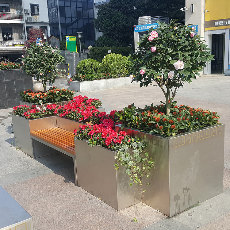 市政绿化工程不锈钢花池组合式花箱金属制品塑木休闲椅户外街道