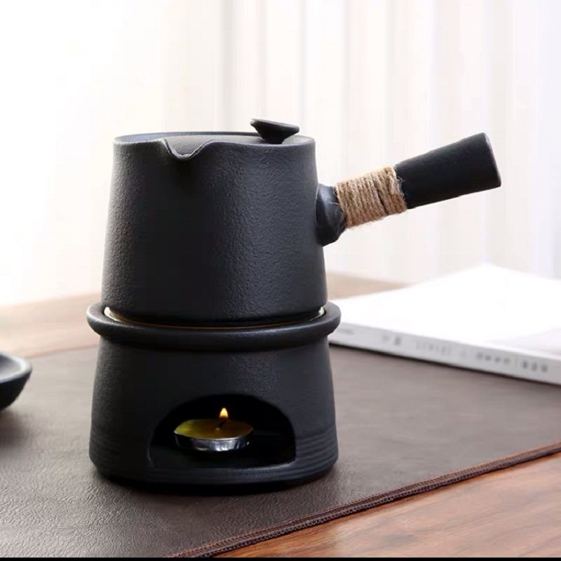 日式粗陶温茶座陶瓷煮茶器 麻绳提梁壶加热茶具套组