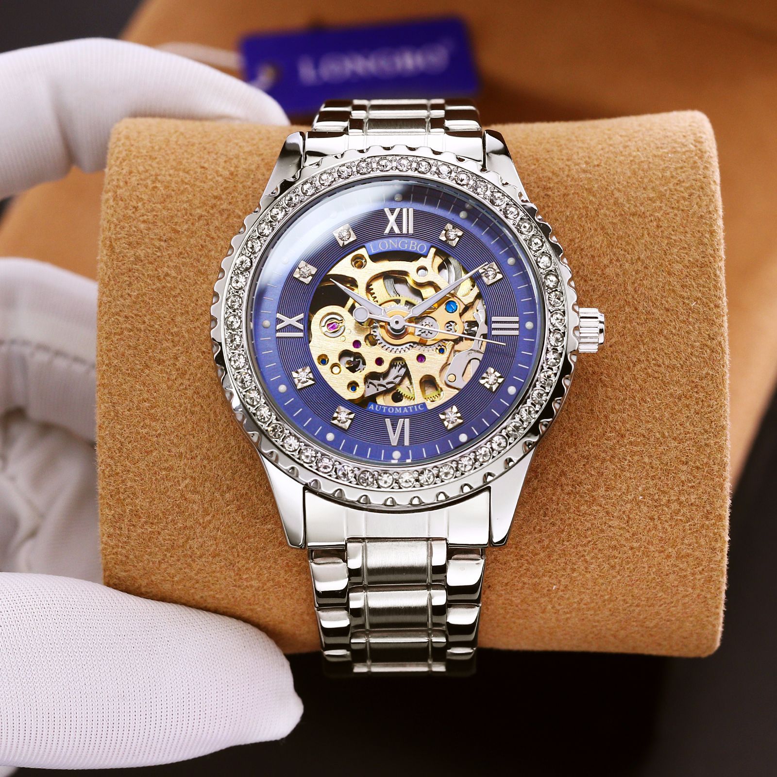 时尚新潮抖音全自动镂空透底机械表黑棕皮带机械龙波品牌男士腕表