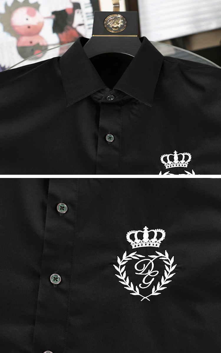 欧美轻奢潮牌男装春秋麦穗皇冠刺绣修身长袖衬衫高端商务纯棉衬衣