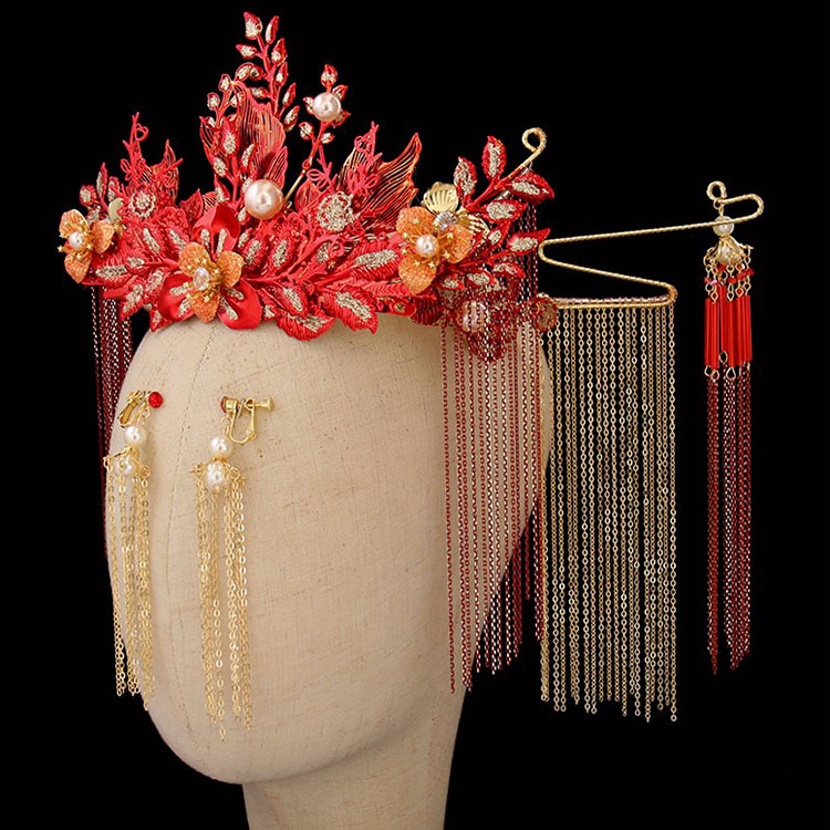 新款中式新娘结婚头饰古装秀禾服凤冠红色配饰古风流苏步摇汉服品