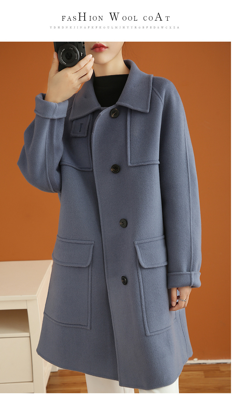 跨境2020秋冬新款双面毛呢大衣女装长款韩版宽松纽扣羊毛呢外套女