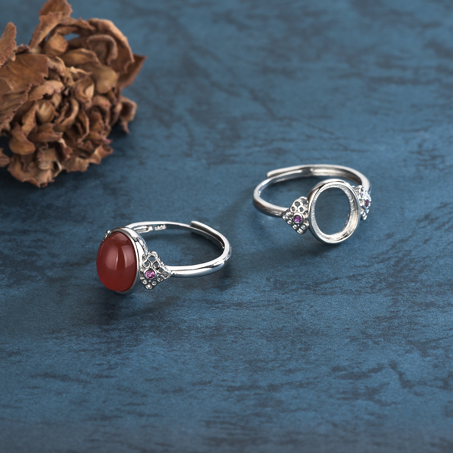 源头厂家铜饰品跨境爆款配饰同心锁白金戒指女日韩 镶嵌蜜蜡 玉髓