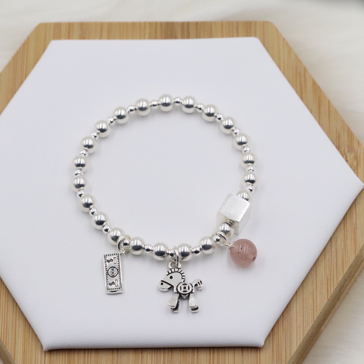 s925纯银有钱手链 搭配天然草莓晶珠串珠手串 女网红时尚潮流手环