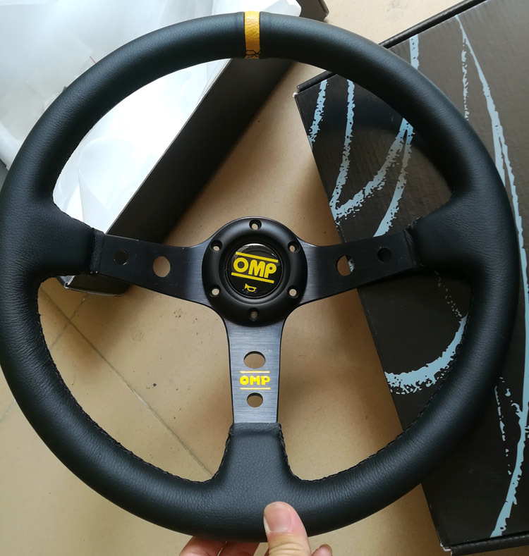 改装赛车14寸omp方向盘绒毛翻皮毛通用方向盘中凹磨砂真皮方向盘