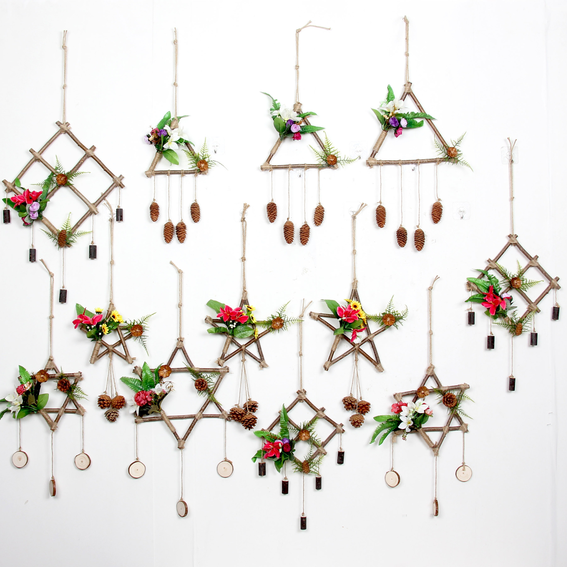 房间墙壁装饰松果鱼鳞果干树枝麻绳挂饰仿真花绿植手工幼儿园diy