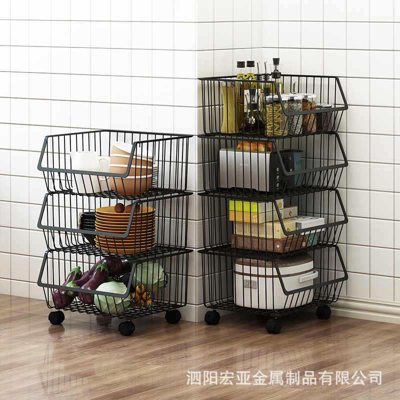 Kitchen Storage Rack Floor Multi-Tier Movable Trolley Installation-Free Layered Vegetable Basket Storage Rack