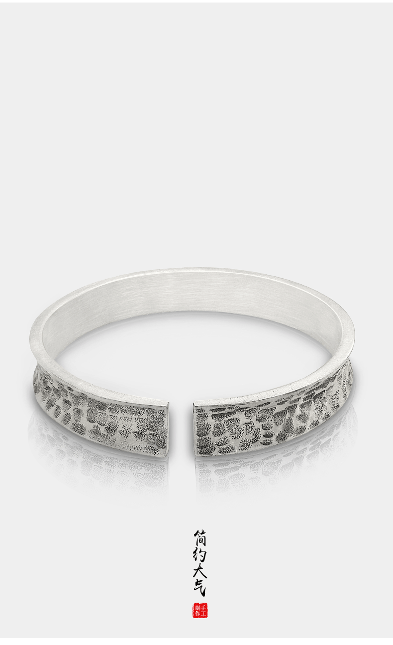 s999银手镯男女复古简约自然手工石纹锤印银镯子足银手镯批发