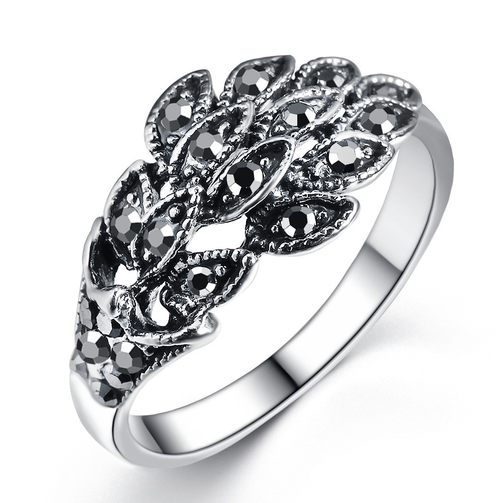 时尚饰品欧美流行饰品亮黑钻简约食指指环wish新款复古橄榄叶戒指