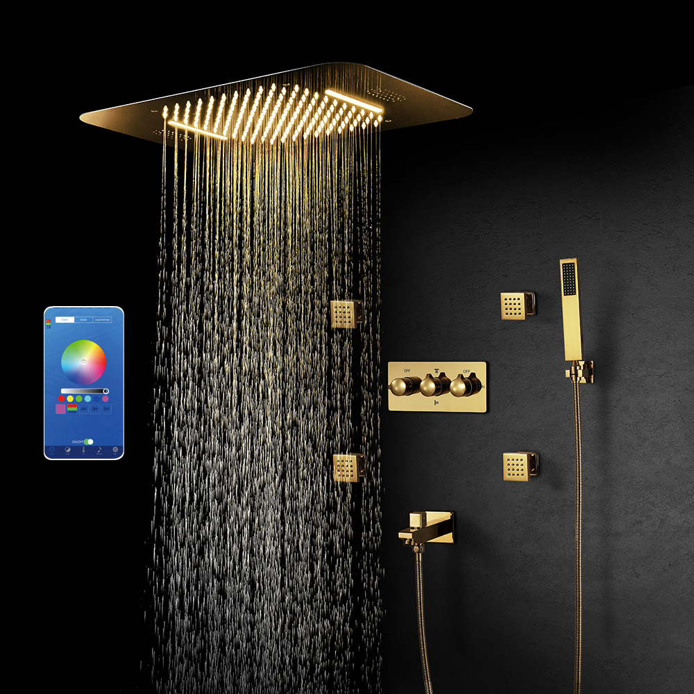 hideep 钛金色暗装淋浴花洒入墙式不锈钢led顶喷花洒套装