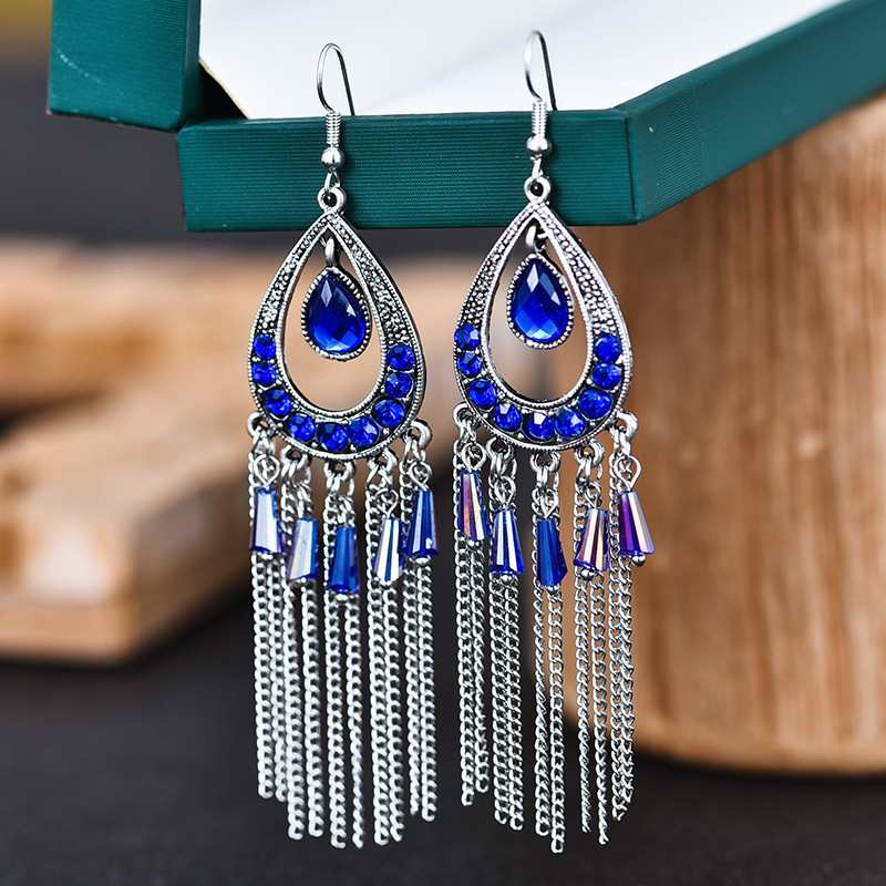 Special Chinese Style Multi-Layer Long Chain Tassel Earrings European and American Stylish Water Drop Diamond Alloy Graceful Earrings