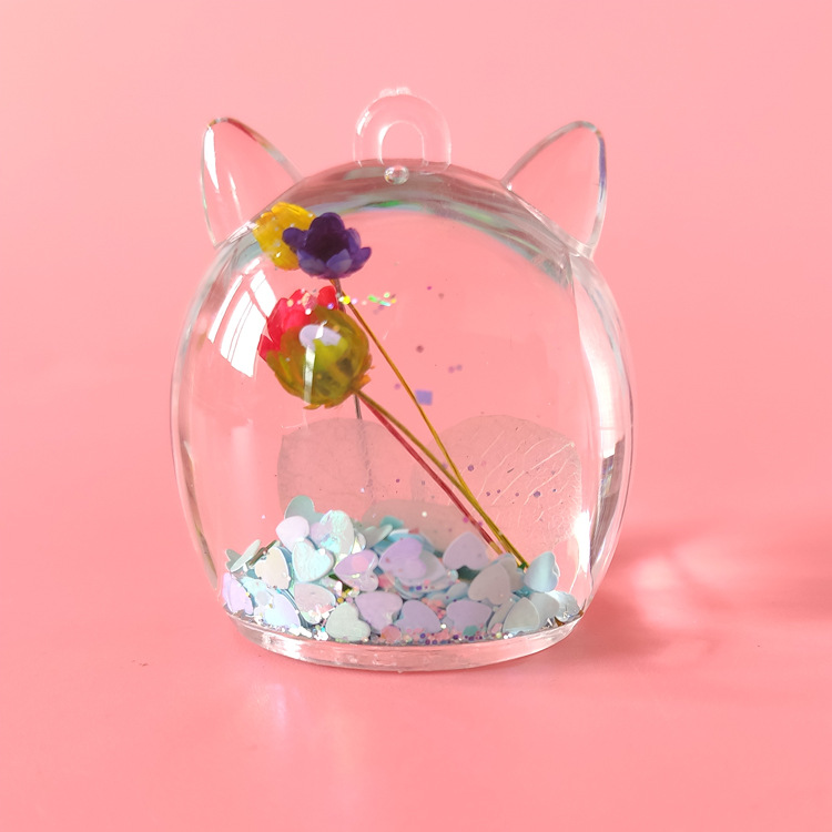 创意干花亮片钥匙扣猫咪透明液体流沙挂件亚克力入油配件包包配饰