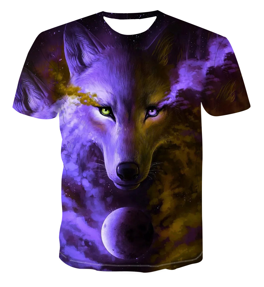 亚马逊新款热卖狼3d数码印花t恤 欧美潮流圆领宽松短袖大码黑色狼