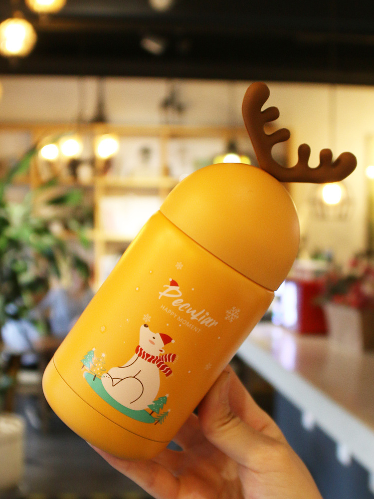 圣诞鹿角保温杯少女创意潮流男女学生便携带提绳水杯个性外出喝水