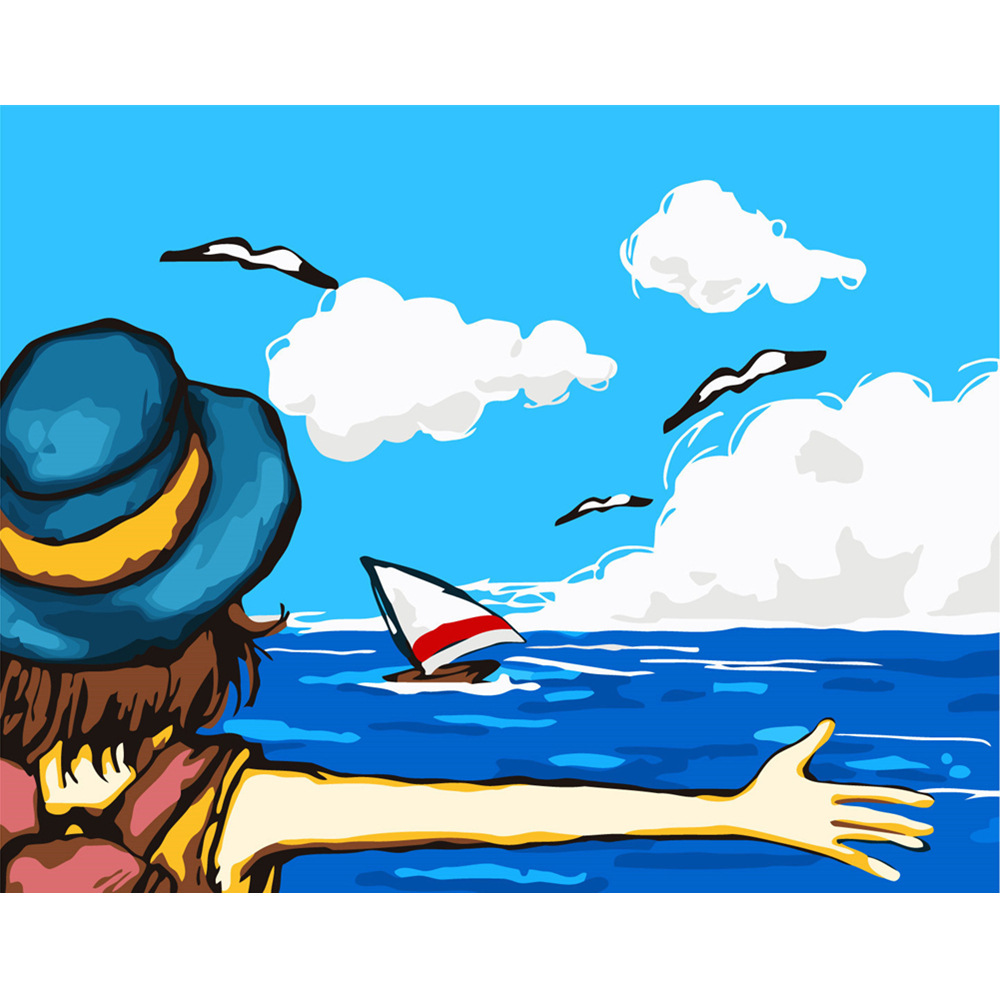 5d钻石画男孩拥抱大海油画贴钻十字绣满钻海鸥帆船白云客厅装饰画