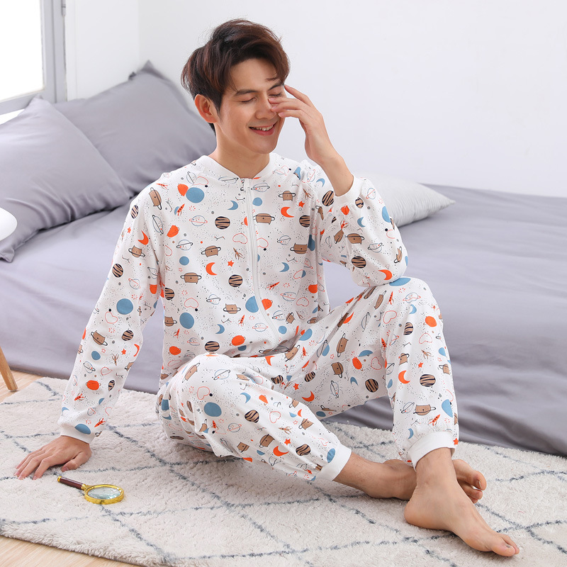 成人连体睡衣男春秋纯棉男士大人全棉男式 秋冬家居连身衣全身