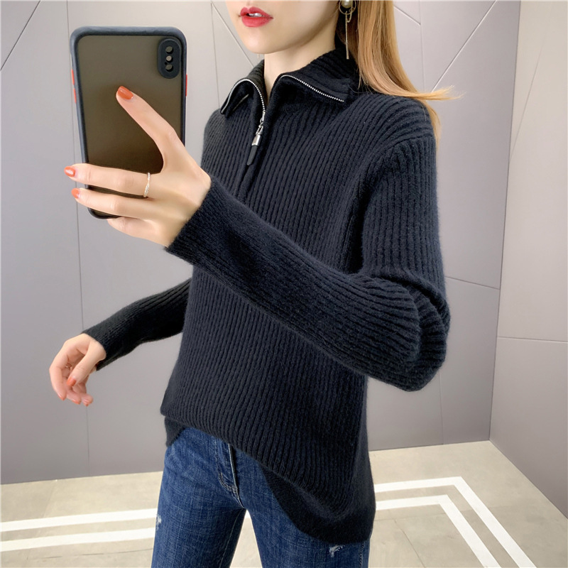 秋冬加厚韩版复古拉链半开大翻领毛衣女洋气套头针织衫宽松外套潮