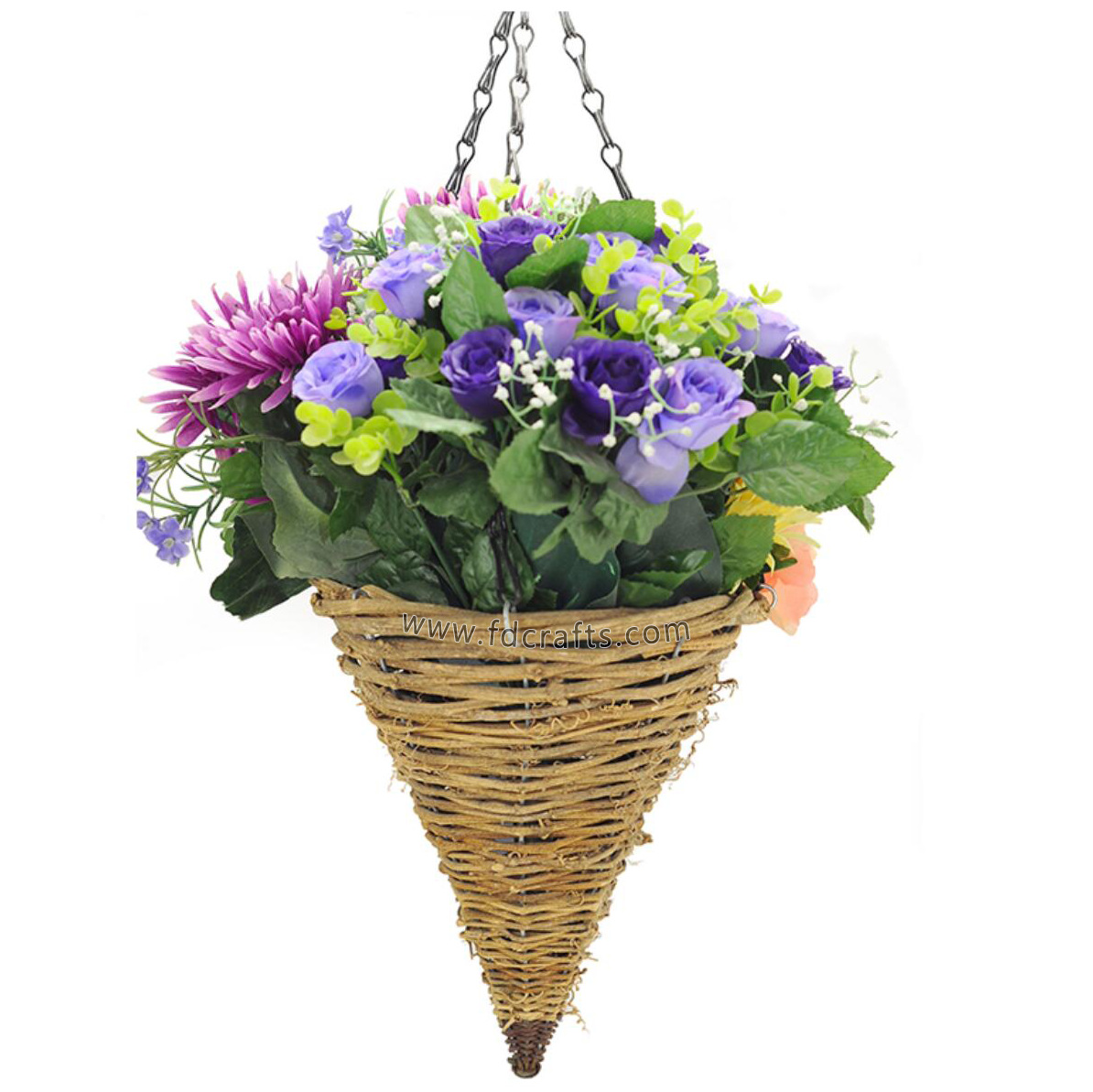 田园圆锥吊篮尖吊兰花盆黄毛藤编垂吊插花篮干花装饰编织篮带吊链