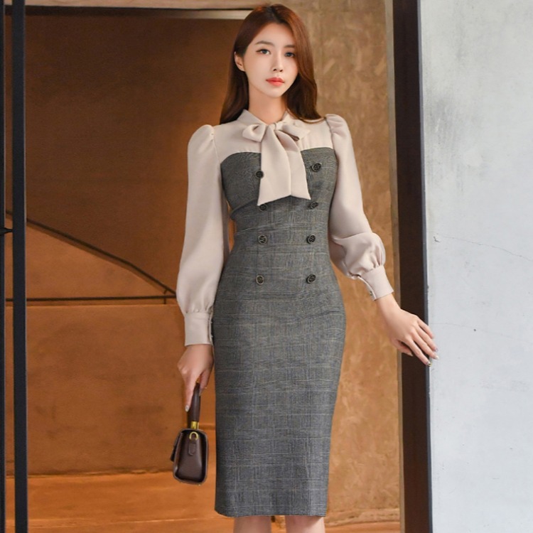跨境2020韩版ol职业连衣裙冬款拼接撞色双排扣中长款晚会礼服裙女