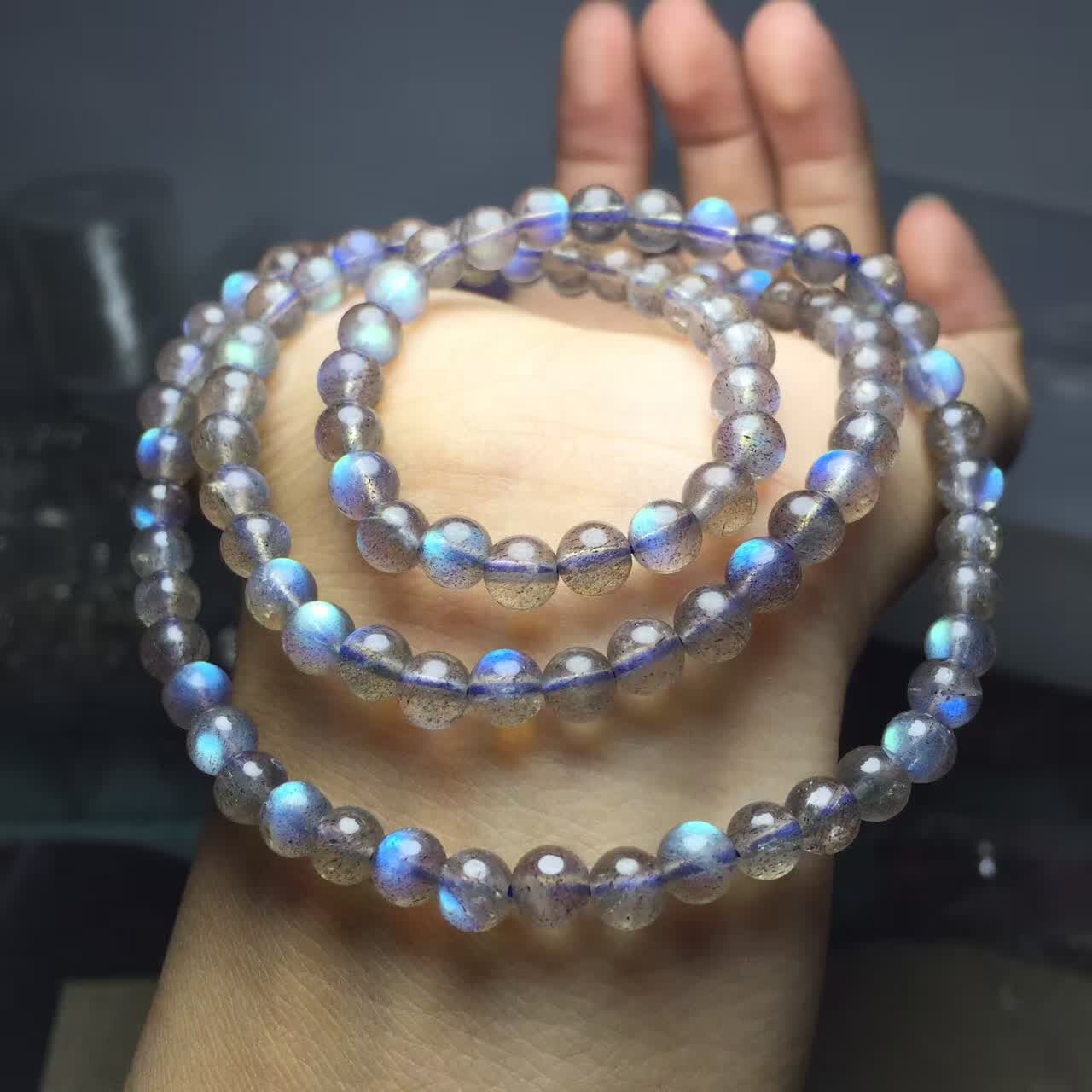 天然拉长石手链多圈 6mm灰月光石三圈手链手串多层水晶手链包邮