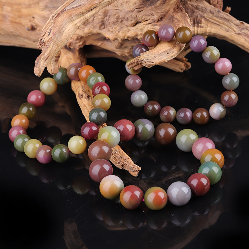 天然盐源七彩玛瑙糖果色满肉圆珠单圈手链男女款diy原创手工清新