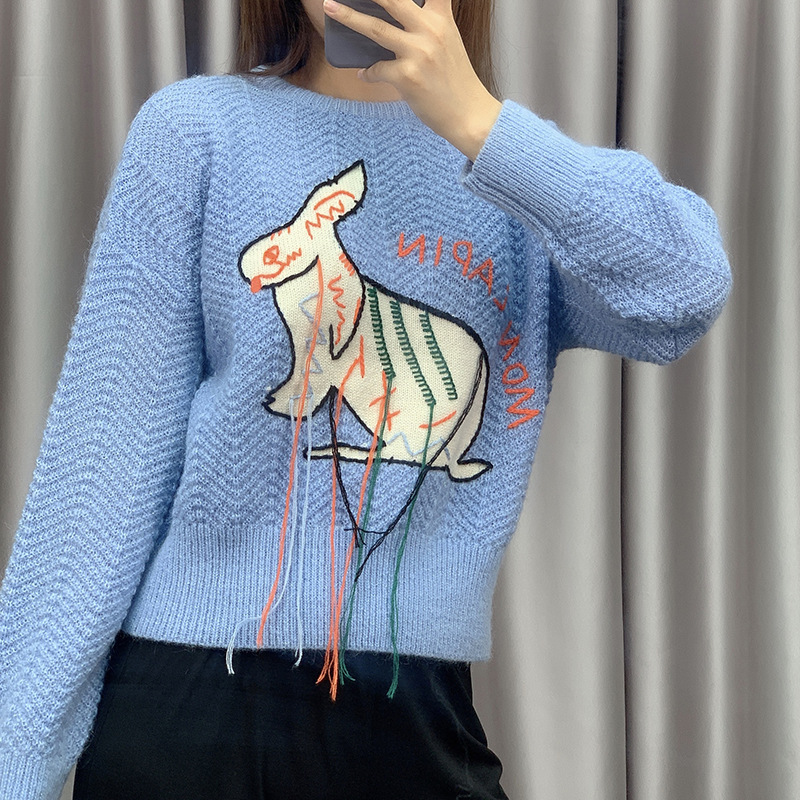 手工刺绣绣花小兔子流苏英文字母圆领长袖毛衣马海毛女t恤羊毛衫