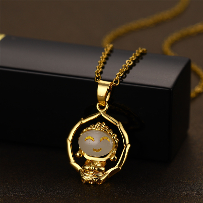 现货笑脸挂坠金镶玉吊坠本命佛弥勒小萌佛钛钢项链女配饰品送妈妈