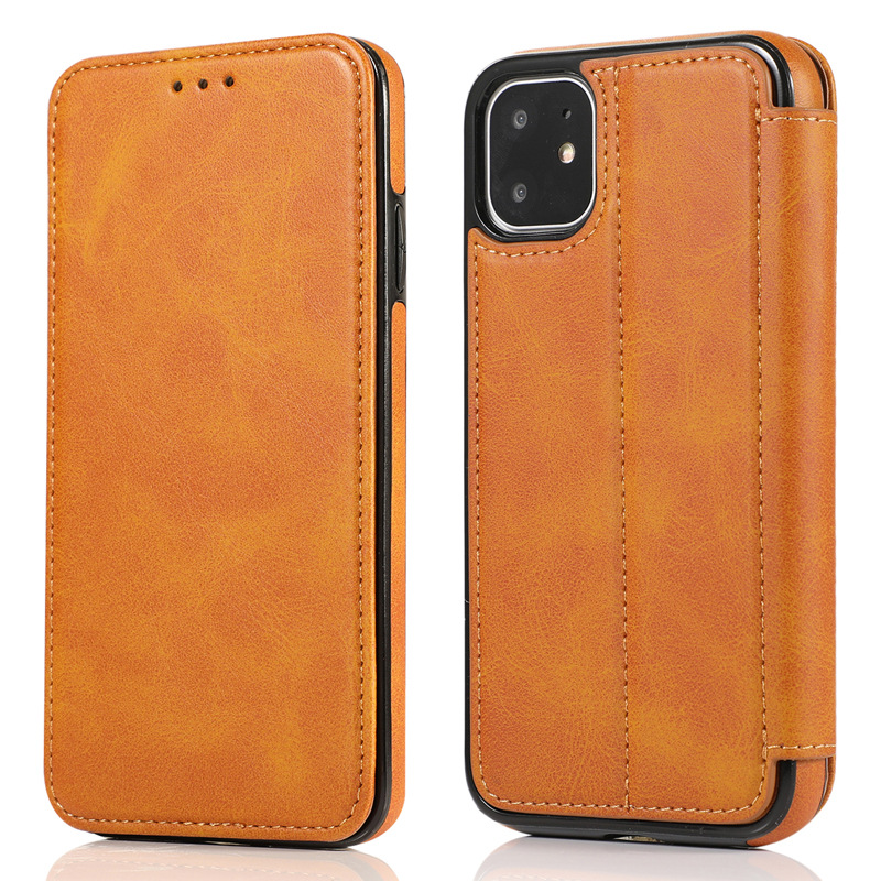 适用iphone12小牛皮纹超薄磁吸手机套翻盖插卡苹果12 mini保护套