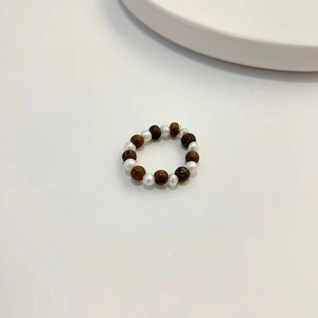 淡水珍珠木珠组合松紧戒指 韩国时尚少女摆拍尾戒 可调节批发