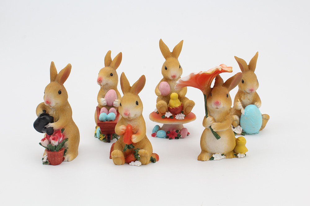 卡通彩绘小兔子公仔摆件 树脂工艺品微景观装饰动物小摆件 六只装