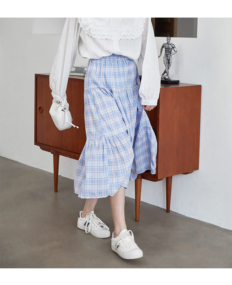 实拍秋冬季新款韩国软妹小清新冰淇淋撞色格子中长款半身裙子