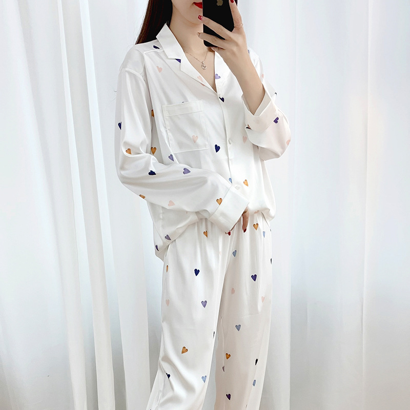 2021 New Pajamas Women's Spring and Autumn Ice Silk Thin Artificial Silk Long-Sleeved Trousers Two-Piece Set Sweet Loving Heart Homewear