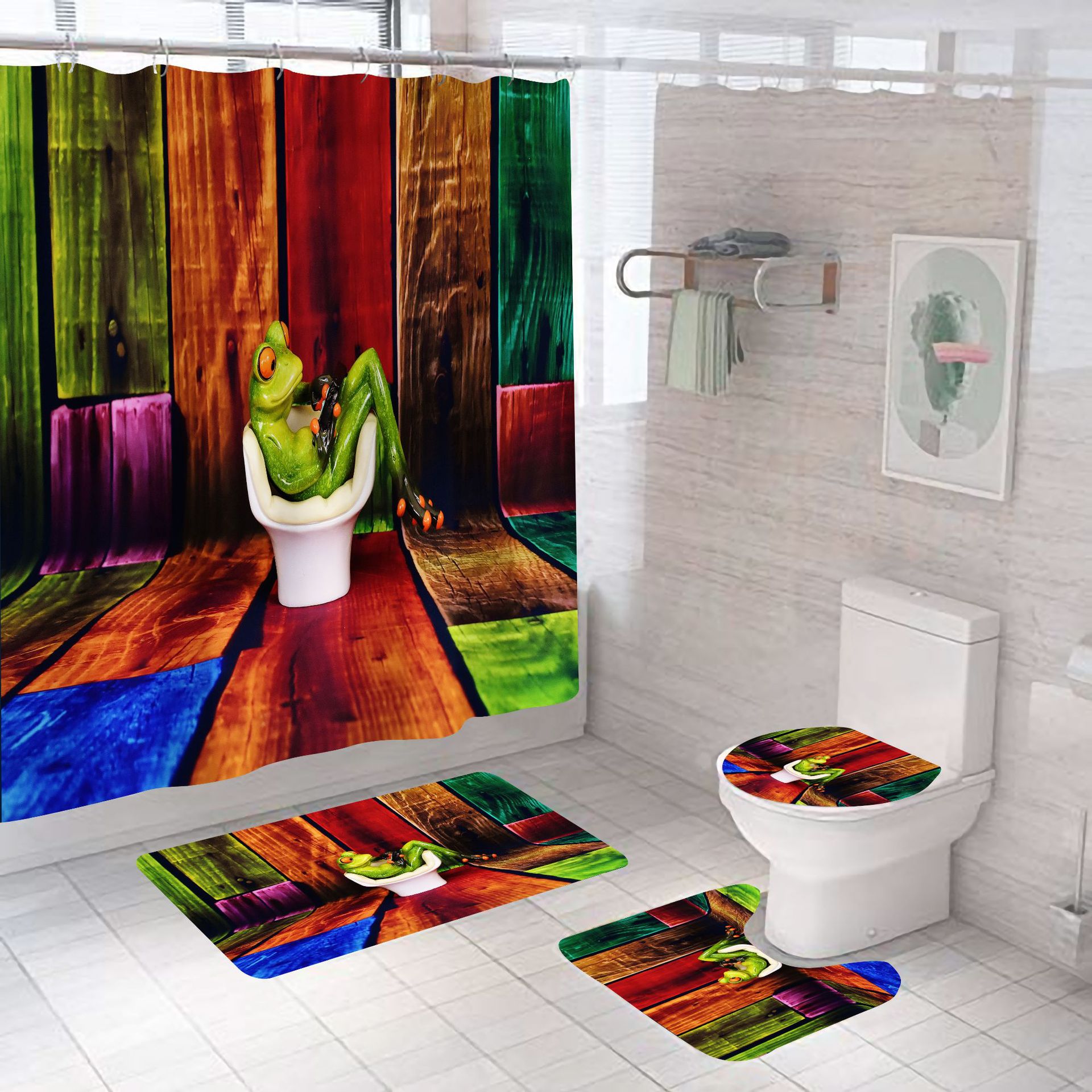 Cross-Border Shower Curtain Toilet Frog Shower Curtain Set Digital Printing Polyester Shower Curtain Toilet Partition Curtain Graphic Customization