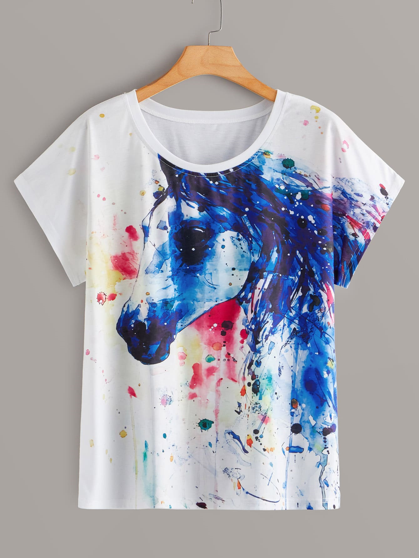 跨境欧美大码短袖t恤女潮宽松中长款网红涂鸦马头像抽象图案