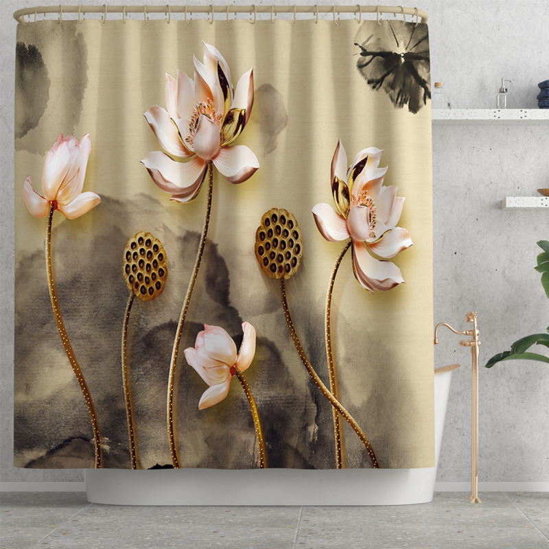 New Design Golden Lotus Digital Printing Shower Curtain Bathroom Electricity Commercial Dedicated for Amazon Hot