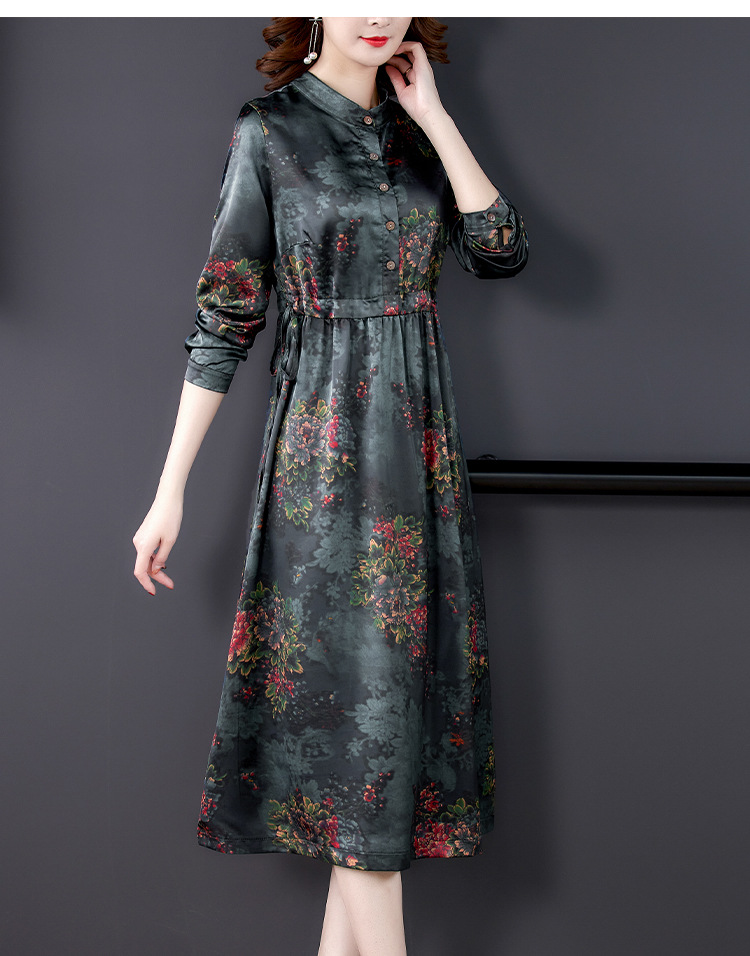 重磅仿真丝香云纱连衣裙女2021春秋季新款妈妈装桑蚕丝裙子中长款
