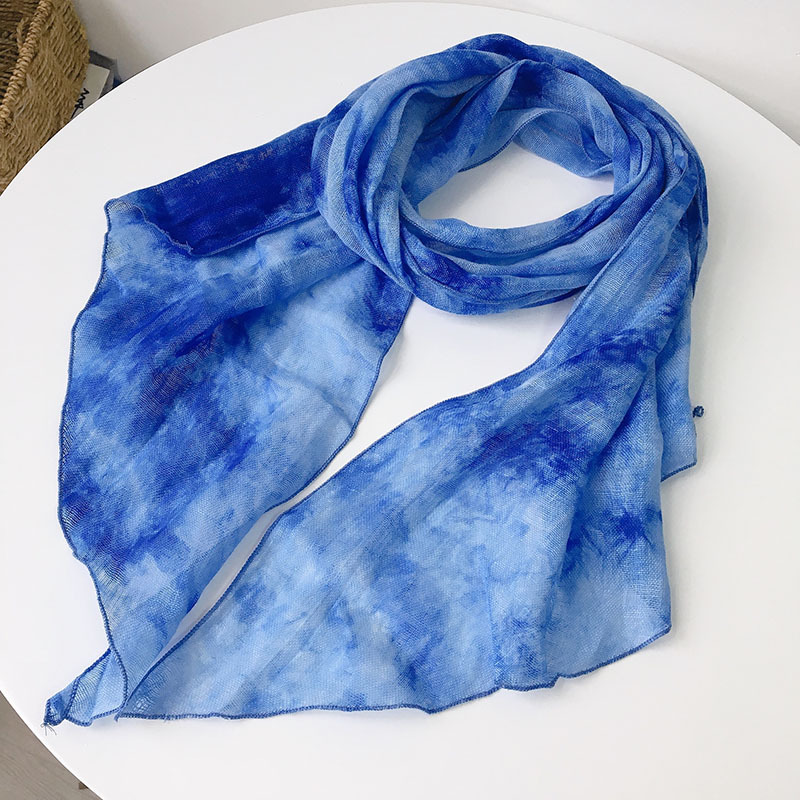 春夏新品亚麻扎染小丝巾薄款透气细窄小围巾特色斜边小围巾新品