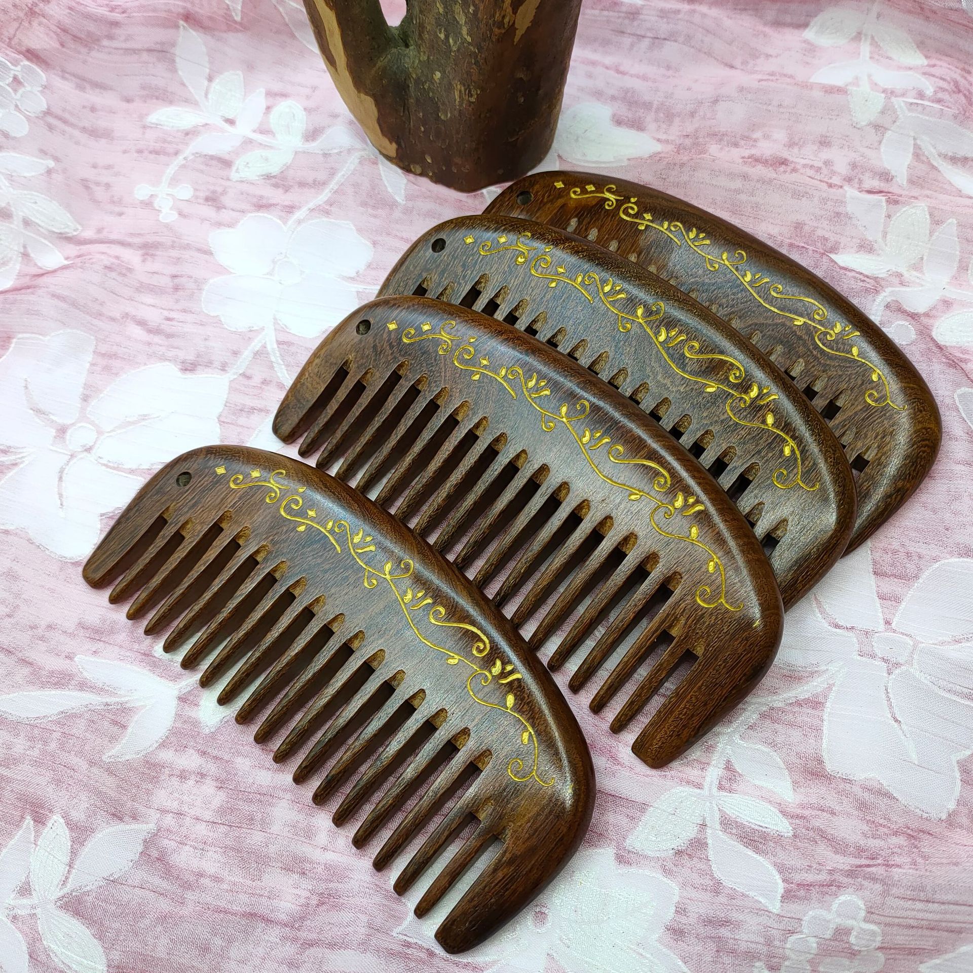 黑檀整木梳 双面雕刻合欢花小号梳礼品可定制logo刻字檀木 美发梳