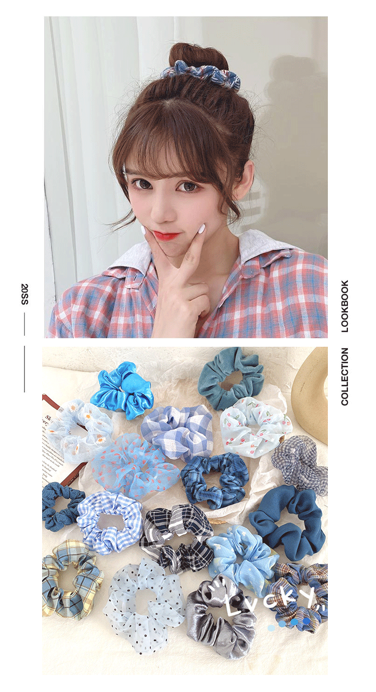 韩国ins网红蓝色大肠发圈可爱格子猪大肠圈发饰复古法式jk头绳女