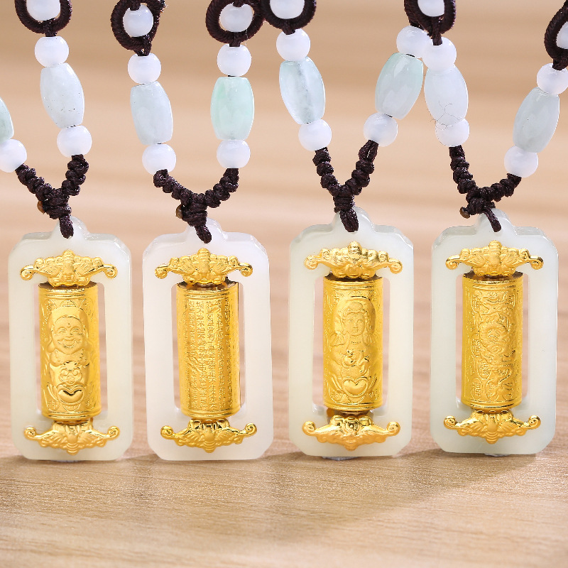 和田玉镶金转运筒 金镶玉吊坠 观音佛百福 时来运转玉石玉坠批发