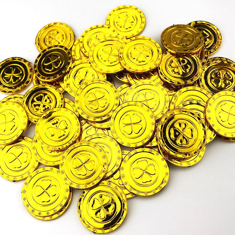 圣帕特里克节日四叶草币 塑料金币 派对装饰品电镀幸运四叶草金币