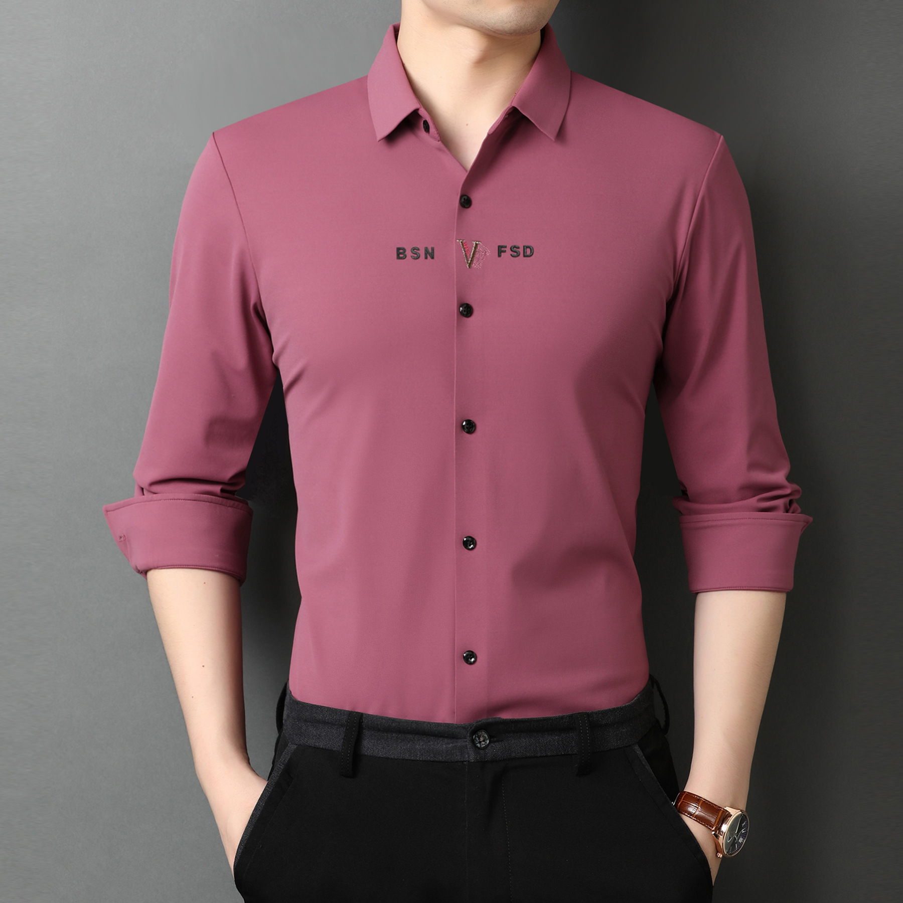 春秋男士衬衫休闲舒适纯色长袖男质衬40