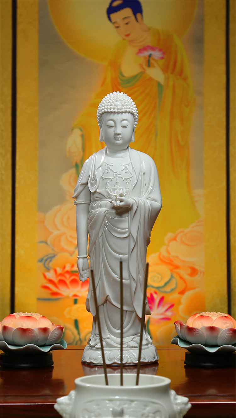 【上美】德化陶瓷16吋仿古阿弥陀佛立莲站像白瓷佛像家居供奉摆件