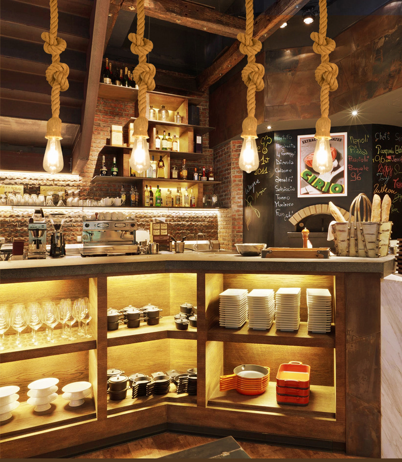 跨境 美式乡村复古餐厅吧台创意咖啡厅楼梯客厅单头麻绳吊灯