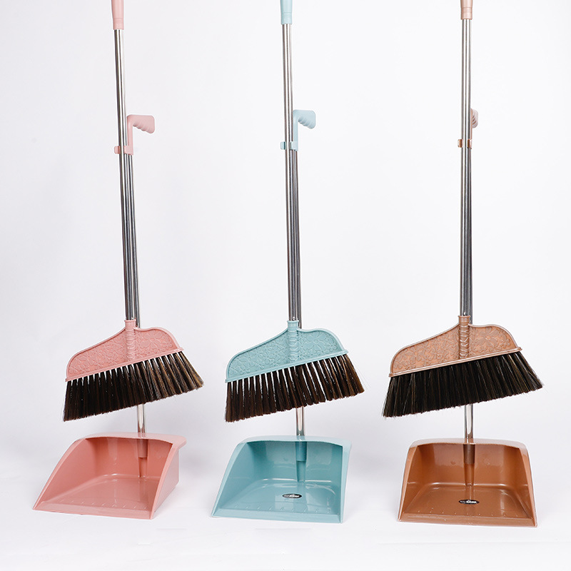 Household Broom Dustpan with Teeth Set Stainless Steel Tube Soft Wool Plastic Hair Cleaning Floor Broom 0678