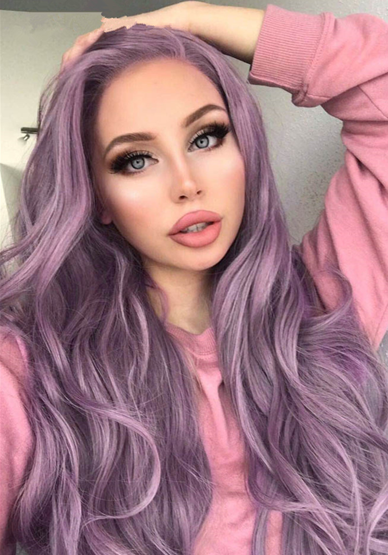 欧美新款假发女原宿紫色长卷发粉色大波浪卷长发中分化纤发套欧美新款