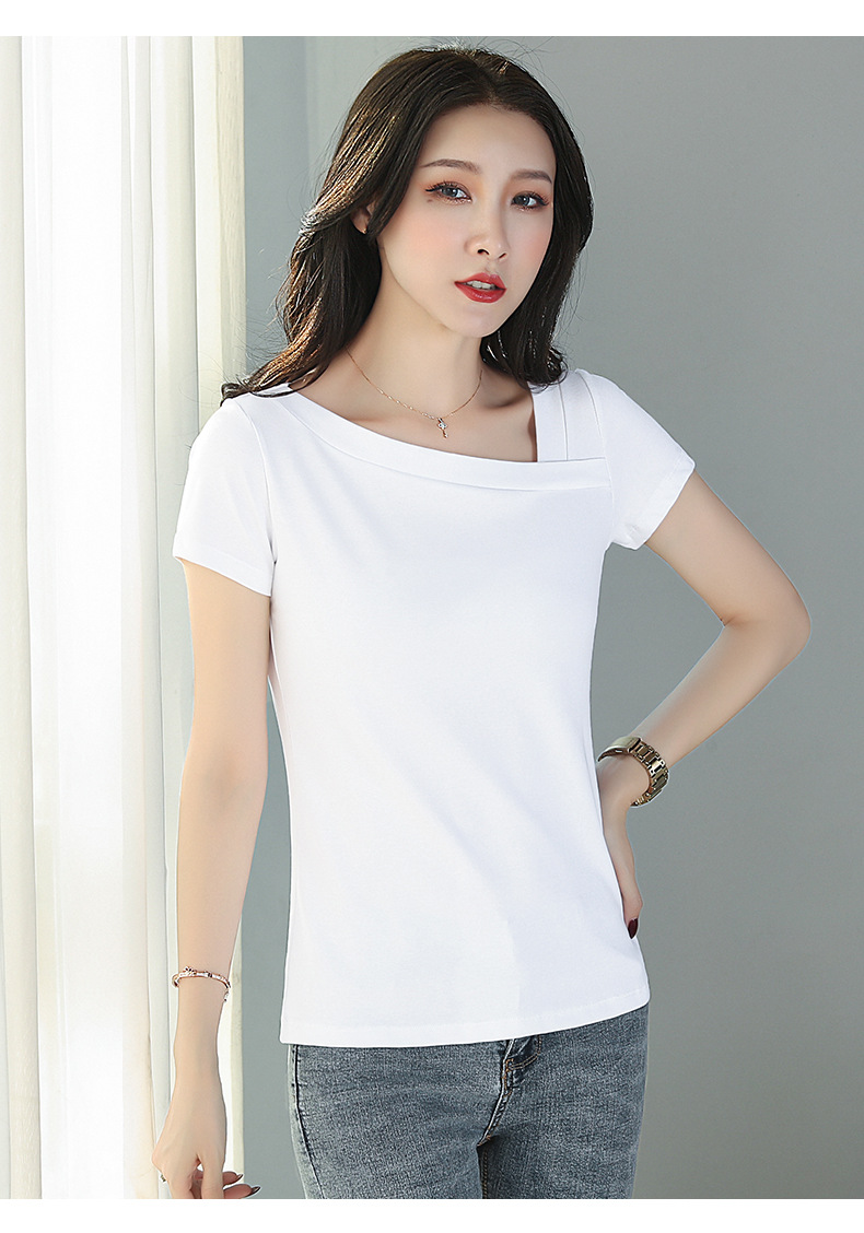 斜肩t恤女心机修身锁骨短袖女不规则短款白色斜肩半袖上衣女体恤