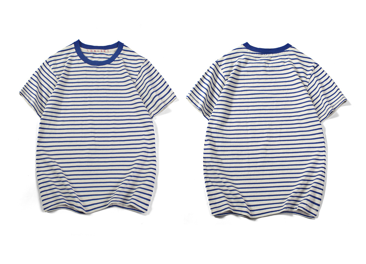 黄氏织造 经典蓝白海魂衫300g重磅全棉条纹t恤水洗复古短袖t恤男