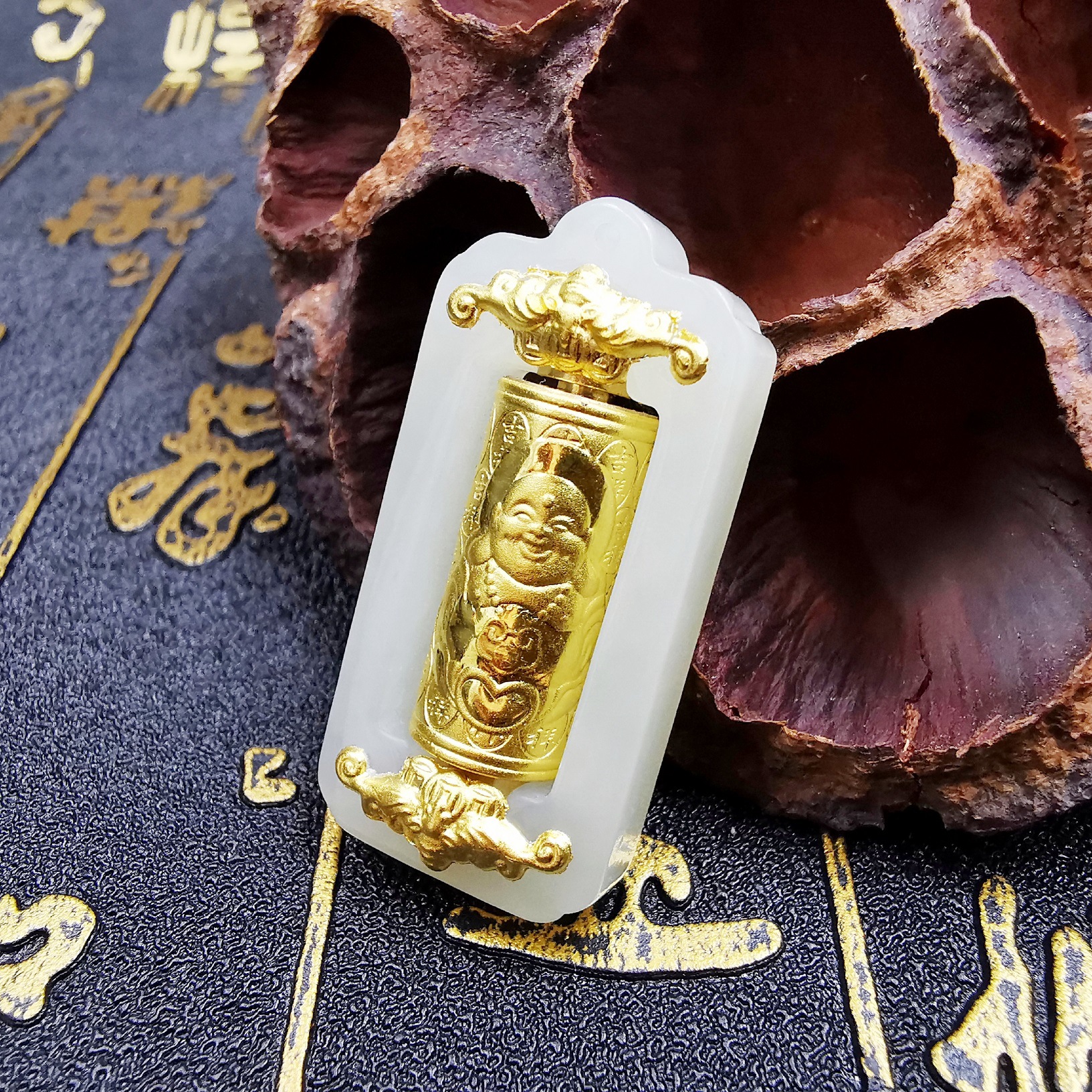 金镶玉转运筒足金吊坠和田玉器工艺品观音佛龙凤玉坠饰品项链摆件